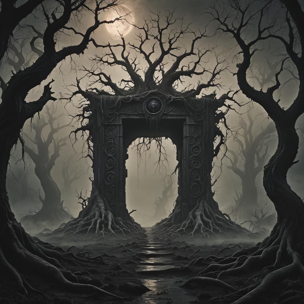 Underworld Portal with Black Moon in Dark Fantasy Style