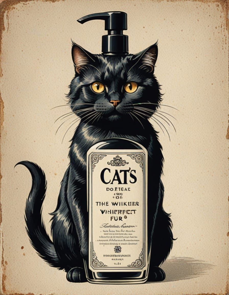 A bottle of shampoo showing an elegant anthropomorphic cat - lettering 'The Cat's Whiskers - For purrfect fur'