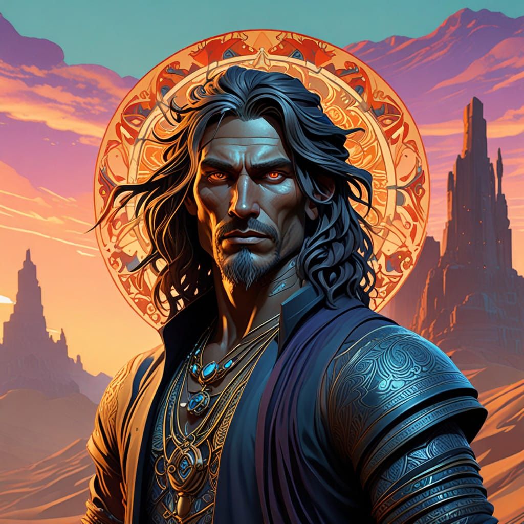 Ethereal Desert Warrior in Vibrant, Iridescent Armor