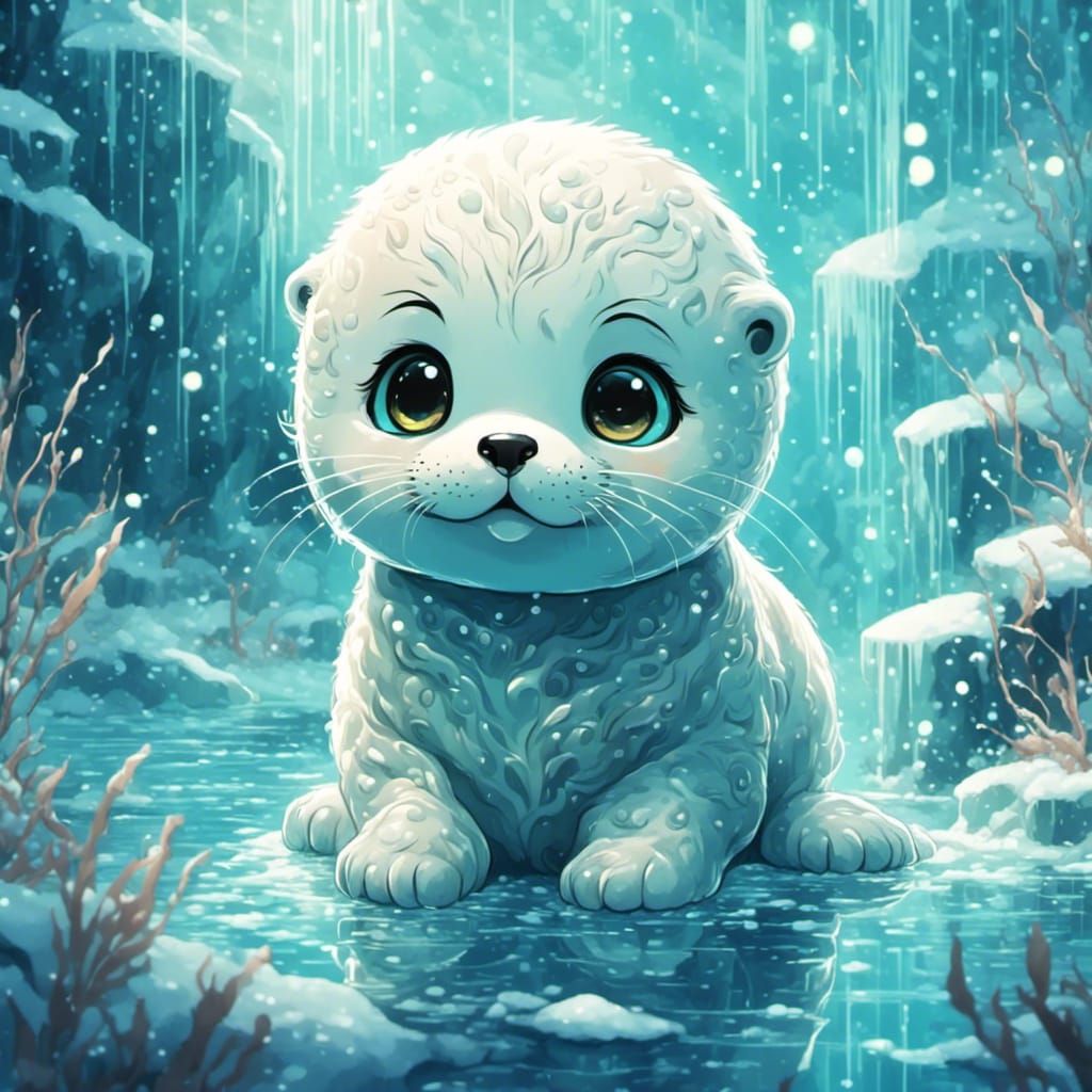 Baby Seal on Icy Shore in Anime Style