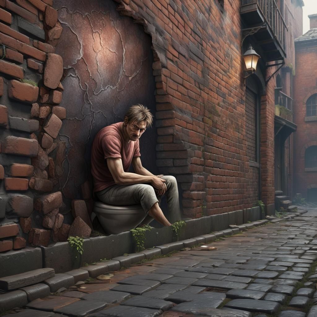Chalk Art Man on Toilet Behind Broken Wall