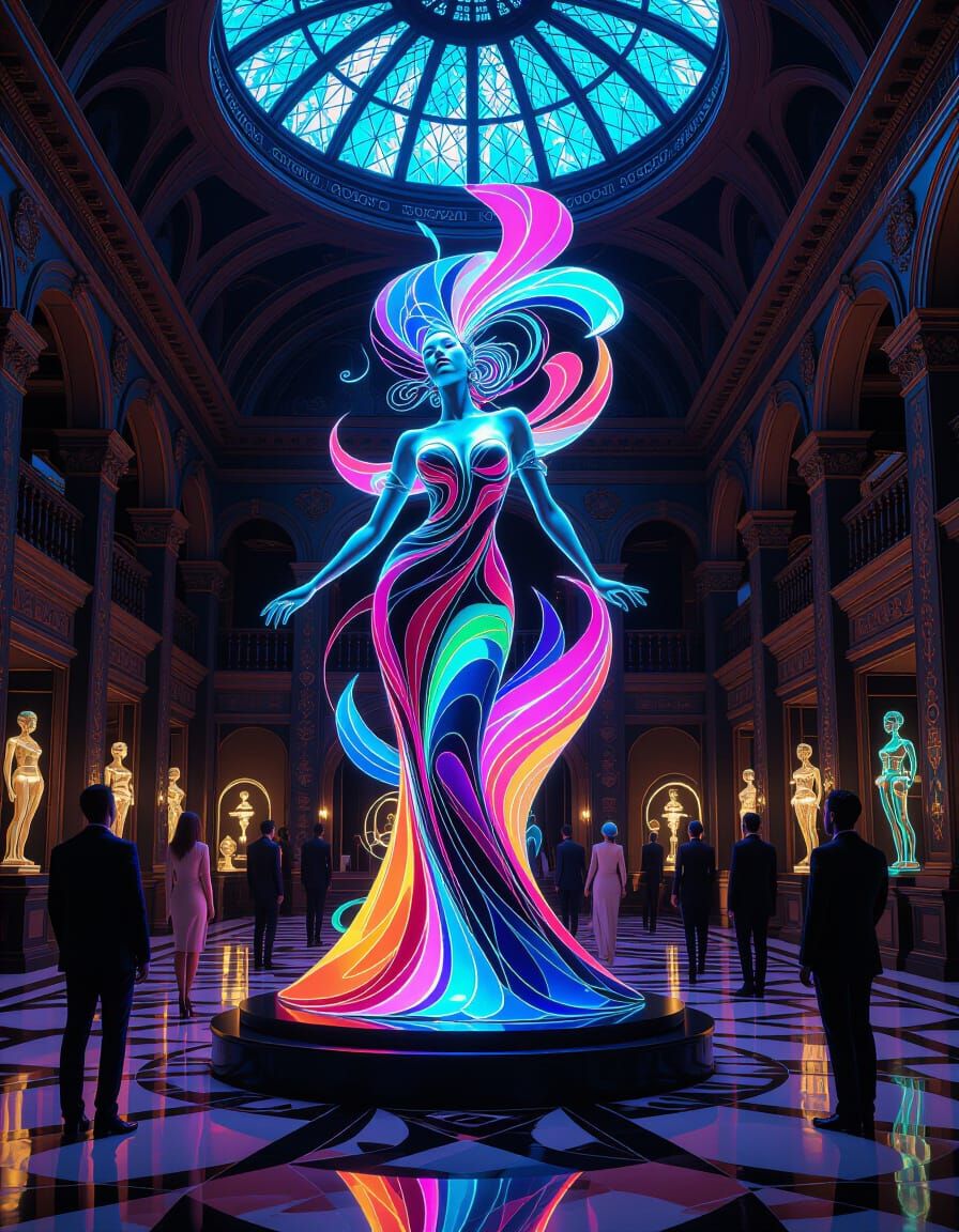 Neon Sculpture of Woman in Museum, Surreal Fantasy