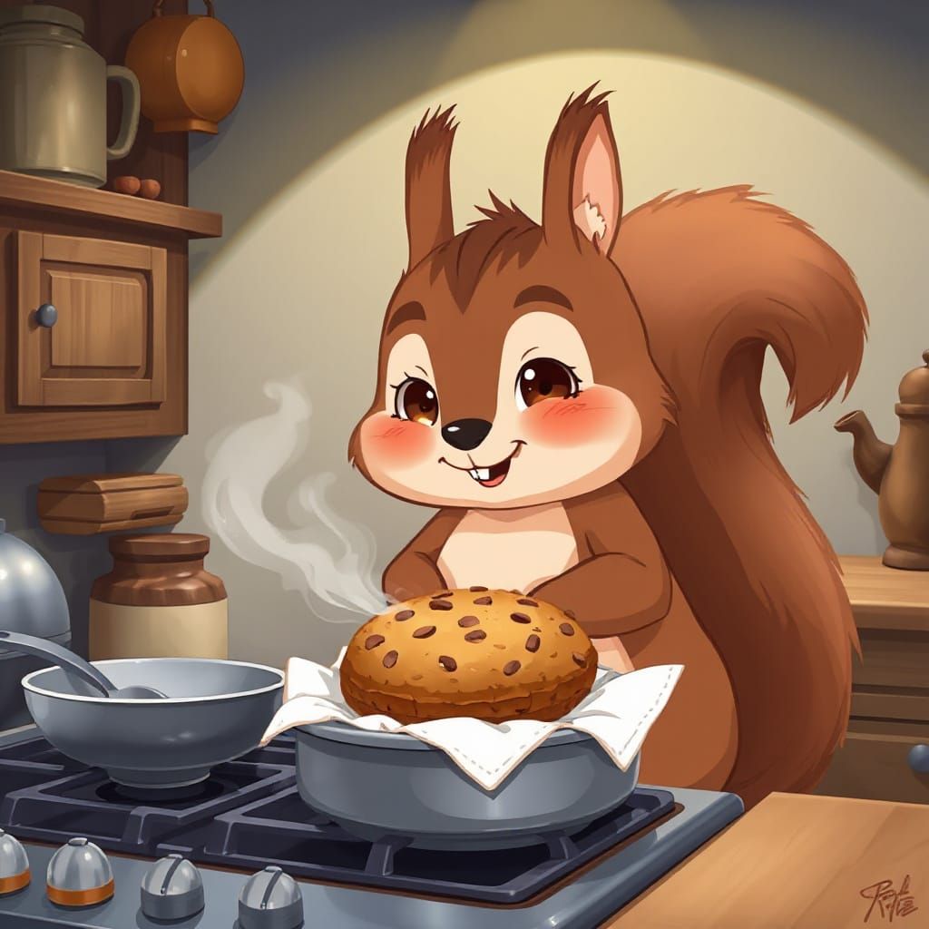 Funny Squirrel Baking Nut Bread: Manga Anime Style
