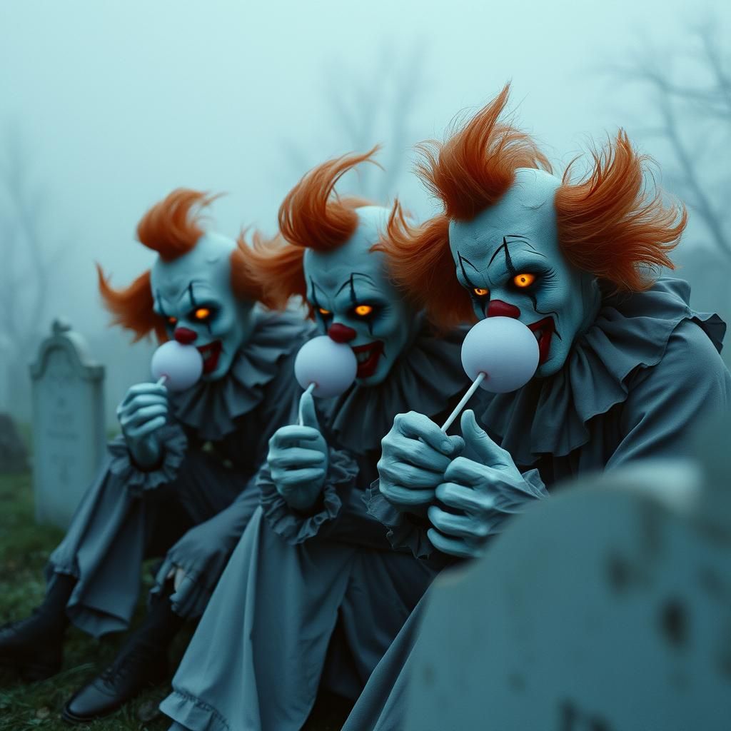 Scary Clowns in Graveyard with Glowing Eyes