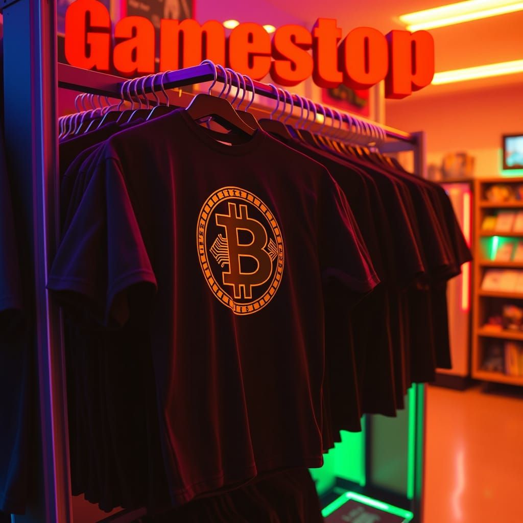 Bitcoin T-Shirts in Gamestop in Synthwave Style