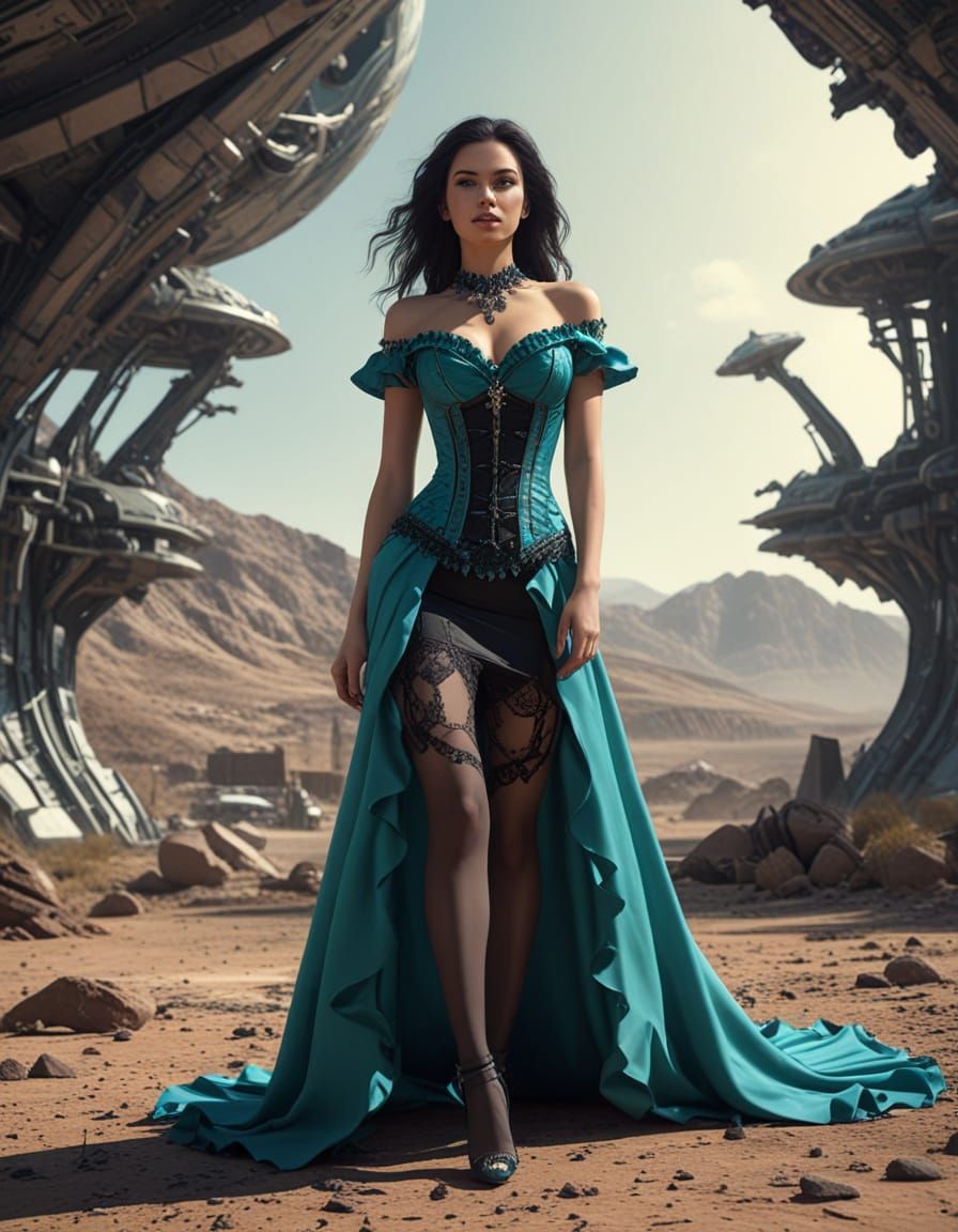 Woman in Elizabethan Dress on Alien Planet