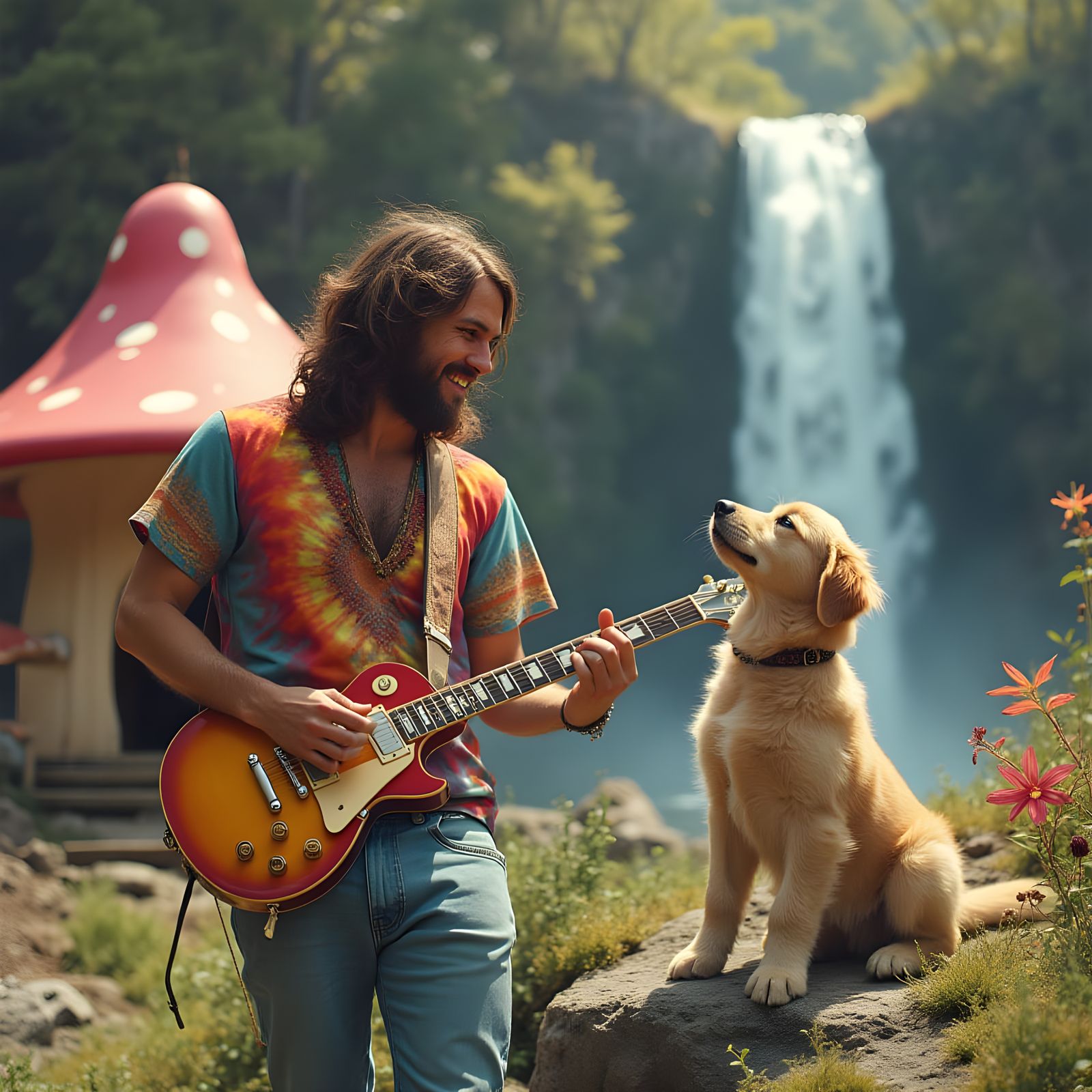 Hippie Man and Puppy at Mushroom Hut, Airbrush Sketch