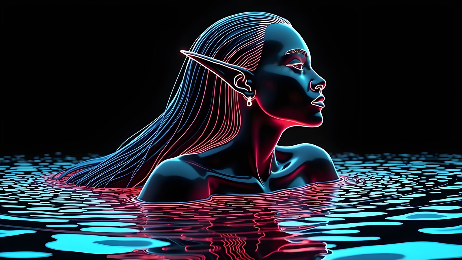 Neon 3D Line Art: Black Naiad Elf in Water