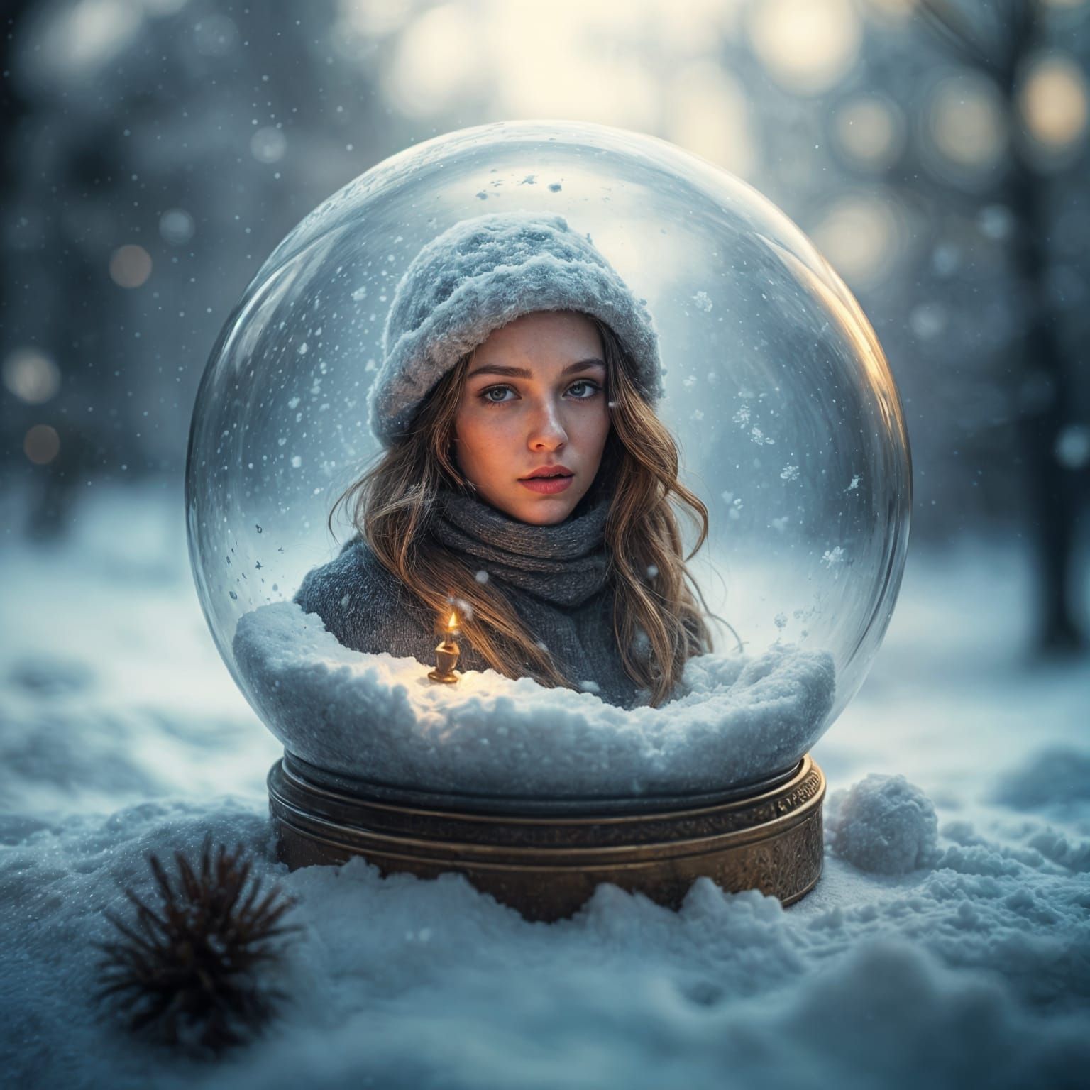 Dystopian Woman in a Hyperrealistic Snow Globe Scene