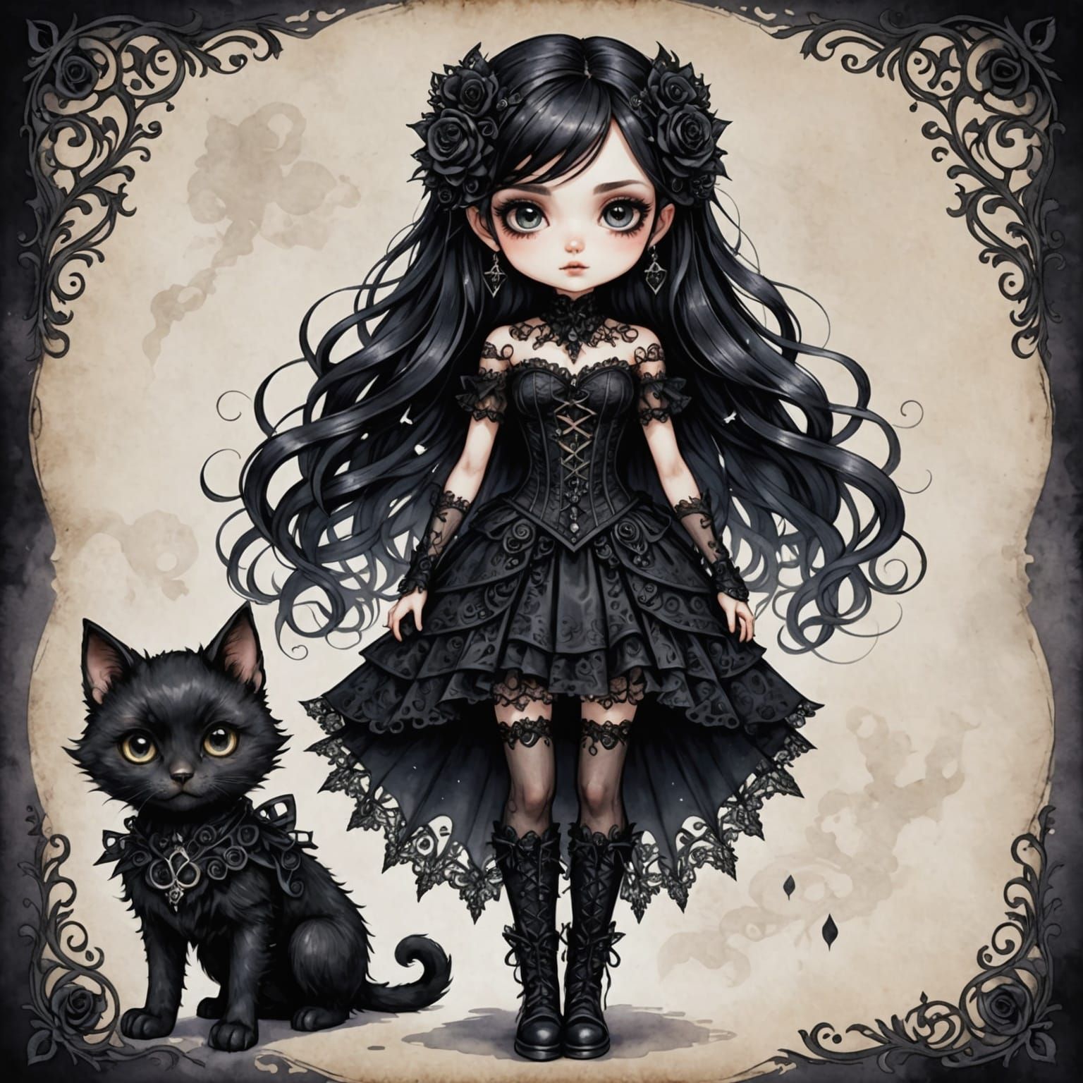 Gothic Chibi Fantasy Portrait in Watercolor