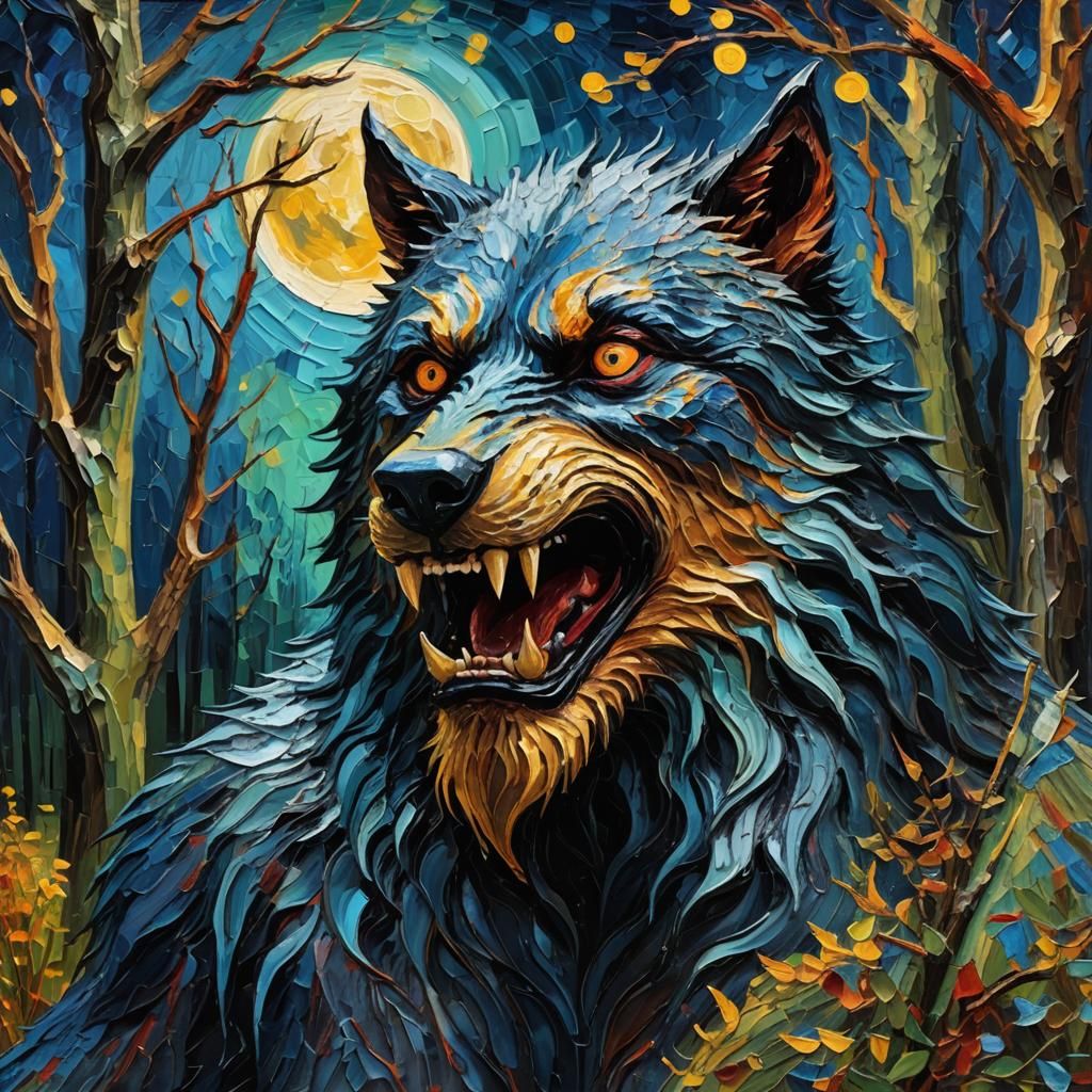Expressionist Werewolf Portrait under Full Moon