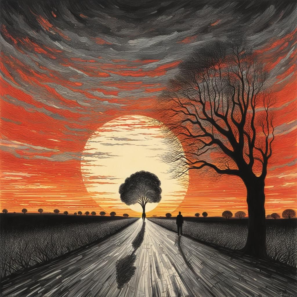 human walking on a tree-lined road towards the sunset on the horizon by Stanley Donwood Midjourney style | Andrei Kovale...