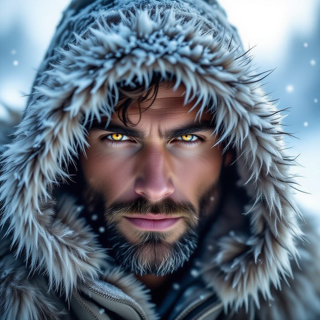 Golden-Eyed Man in Snowy Landscape, Rembrandt Style