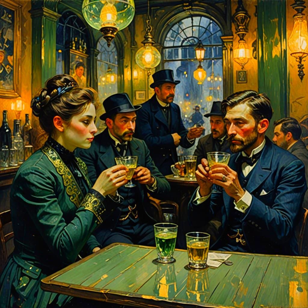 Absinthe Drinkers in Cafe, in Vrubel Style