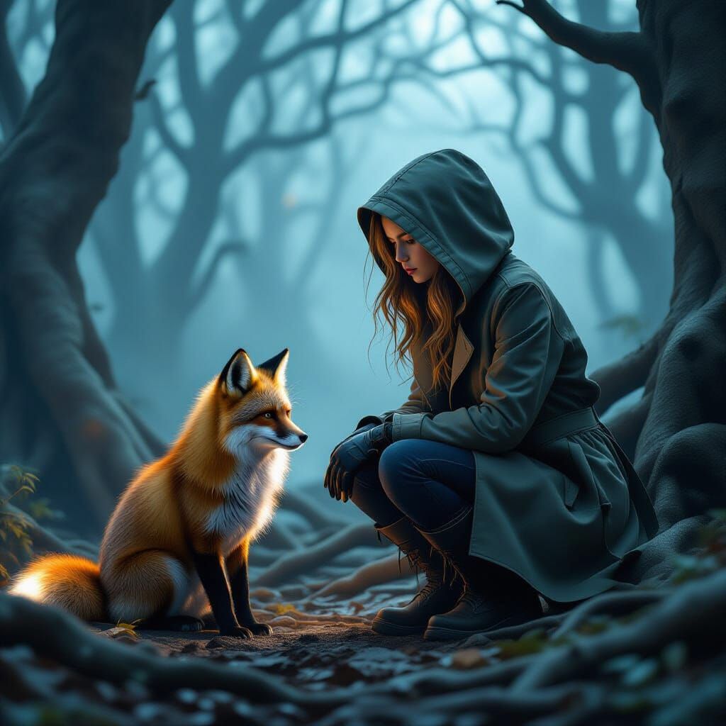 Mystical Forest Encounter with Glowing Fox
