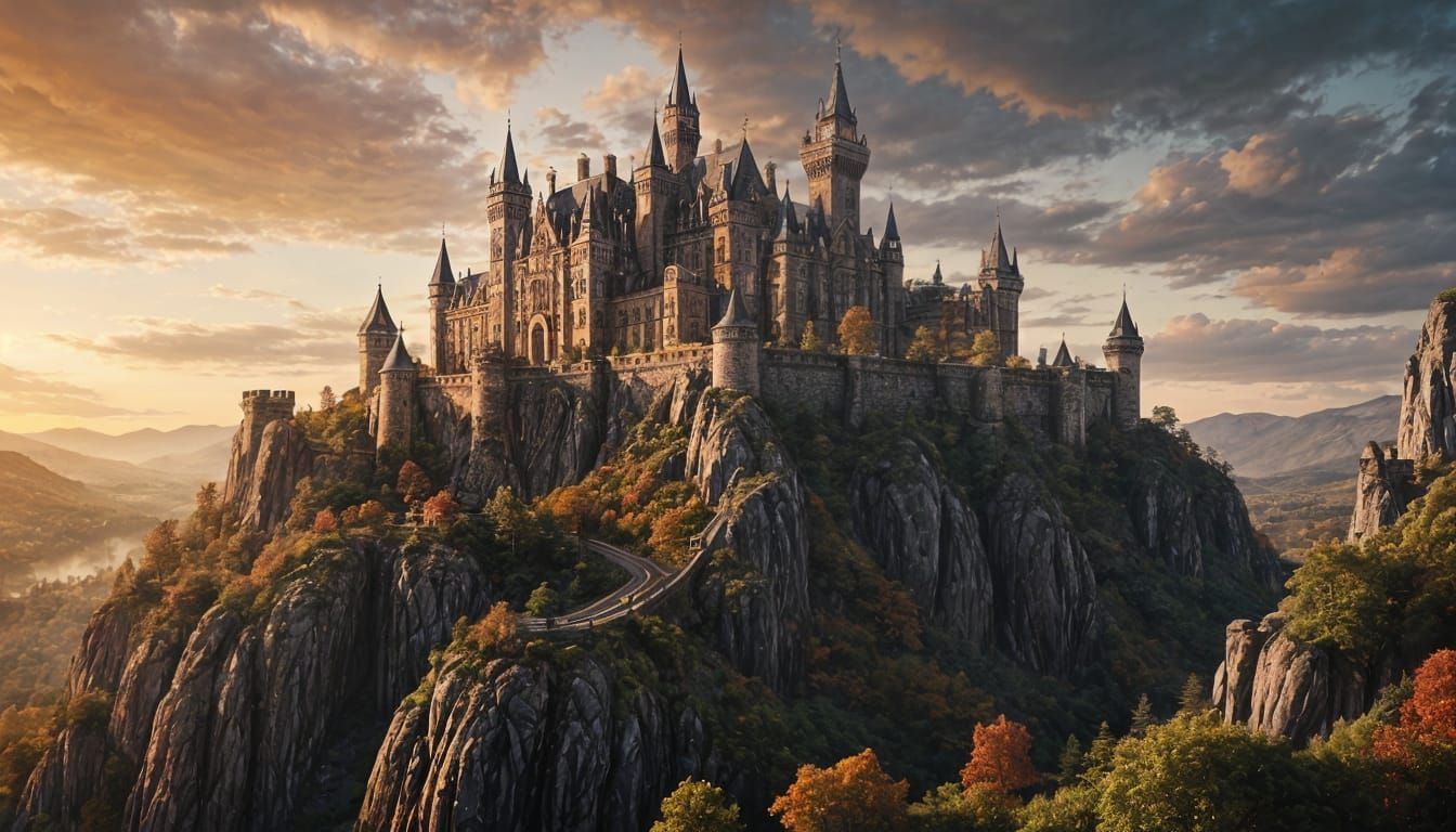 Magnificent Gothic Castle on Rocky Hill in Digital Painting