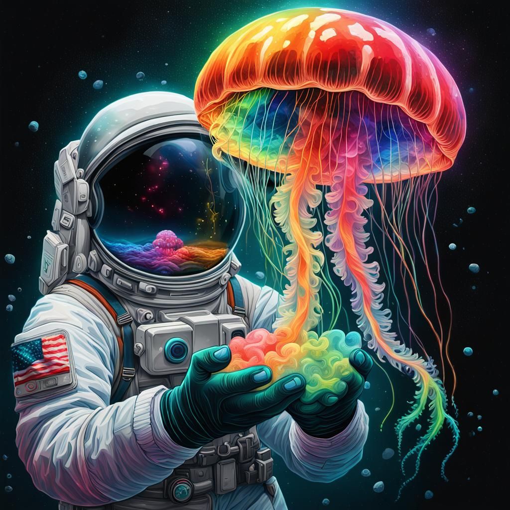 Astronaut with Rainbow Jellyfish in Neon Style