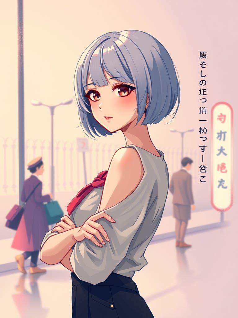 Elegant Anime Girl with Pastel Hair, Digital Illustration