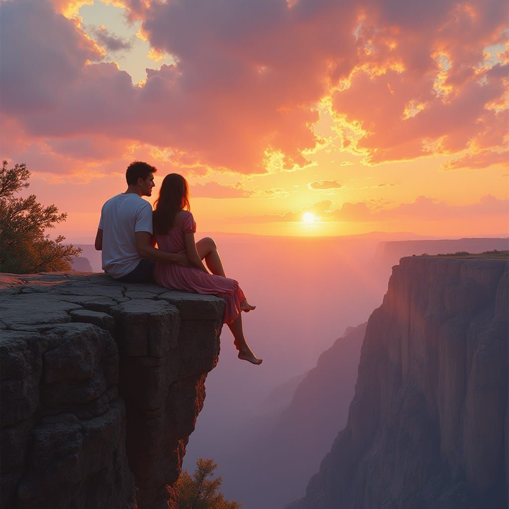 Couple Gazing at Sunset on a Cliff