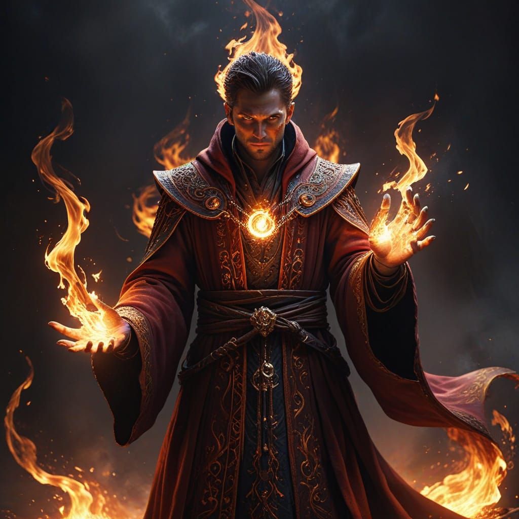 Young Magician Performs Fiery Magic Trick in Fantasy Art