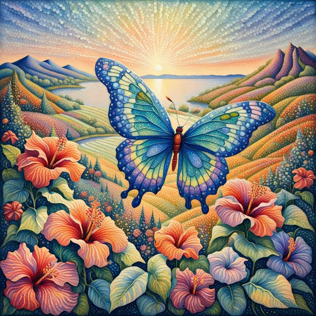 Pointillist Planet Landscape with Iridescent Butterflies