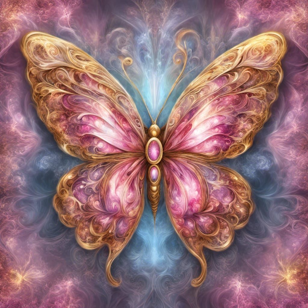 Pink Glittering Butterfly in Digital Oil Painting Style