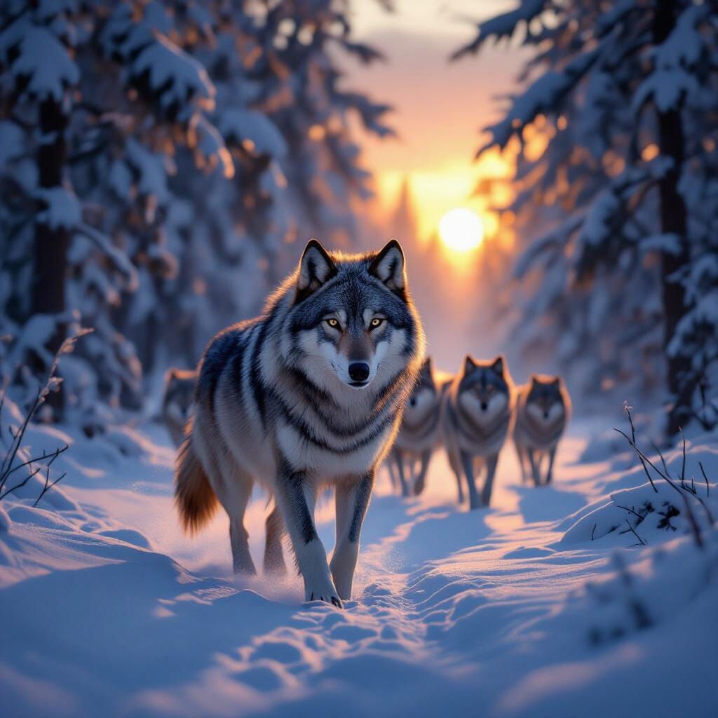 Grey Wolf Pack Leads Through Snowy Forest at Dawn