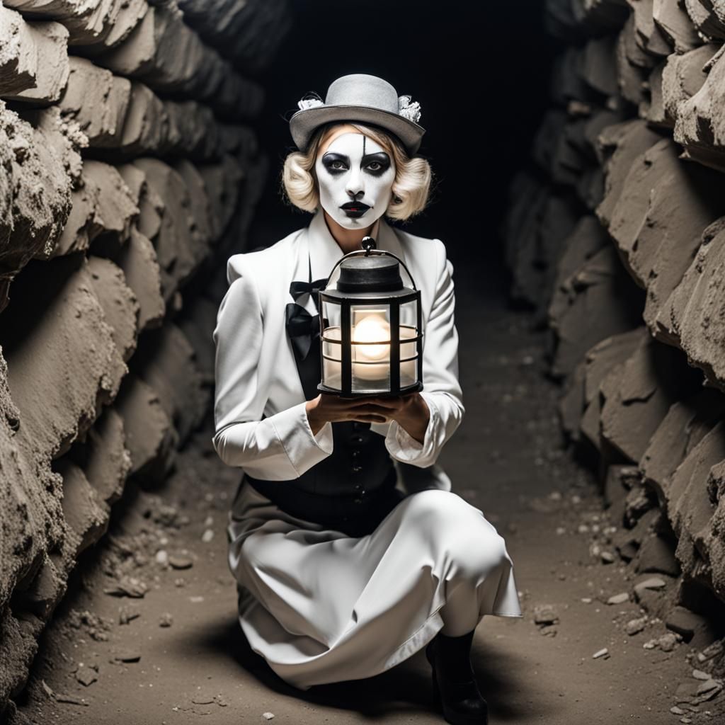 Elegant Mime with Lantern at Abandoned Mine
