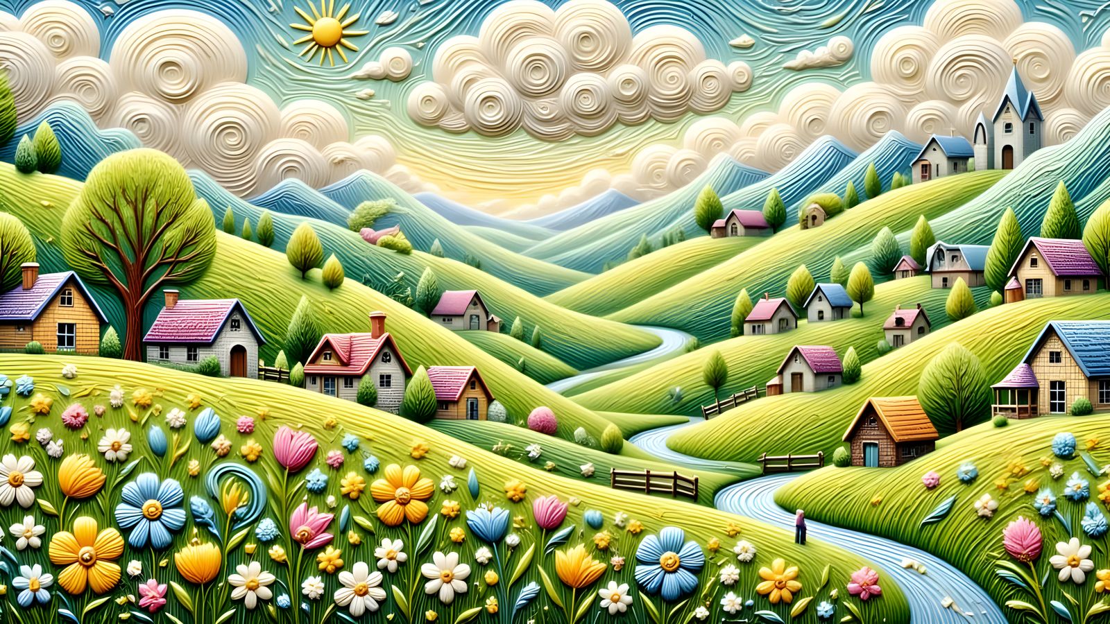 Whimsical Springtime Village in Folk Art Style