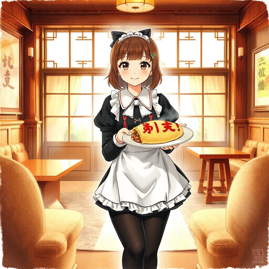 Whimsical Maid Café Scene in Watercolor Style