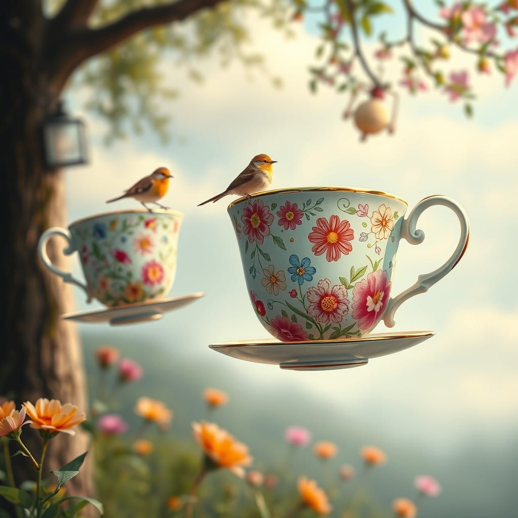 Whimsical Teacups Soar in a Dreamlike Landscape