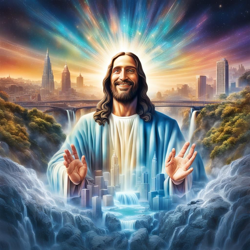 Jesus Christ Smiling with City Waterfall, Astral Illustratio...