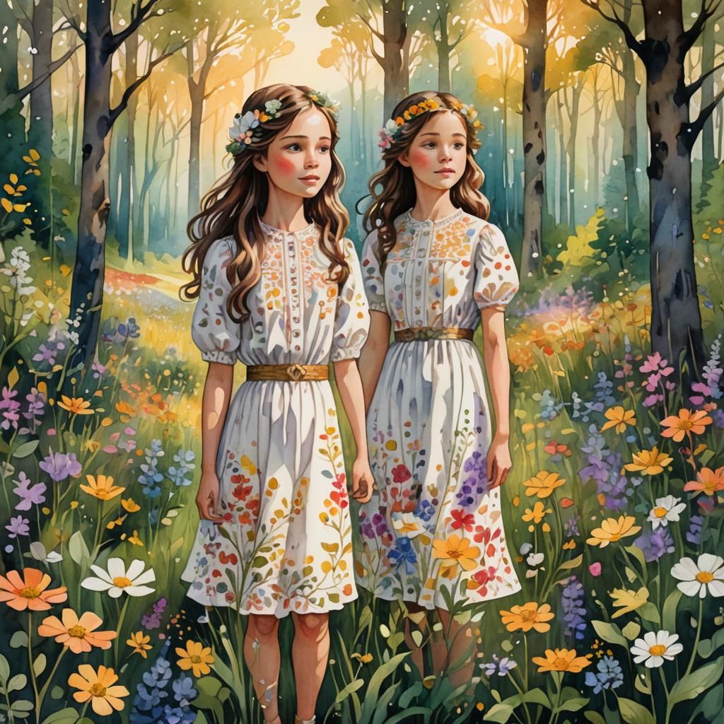 Young Woman in a Whimsical Forest Clearing, Watercolor Style