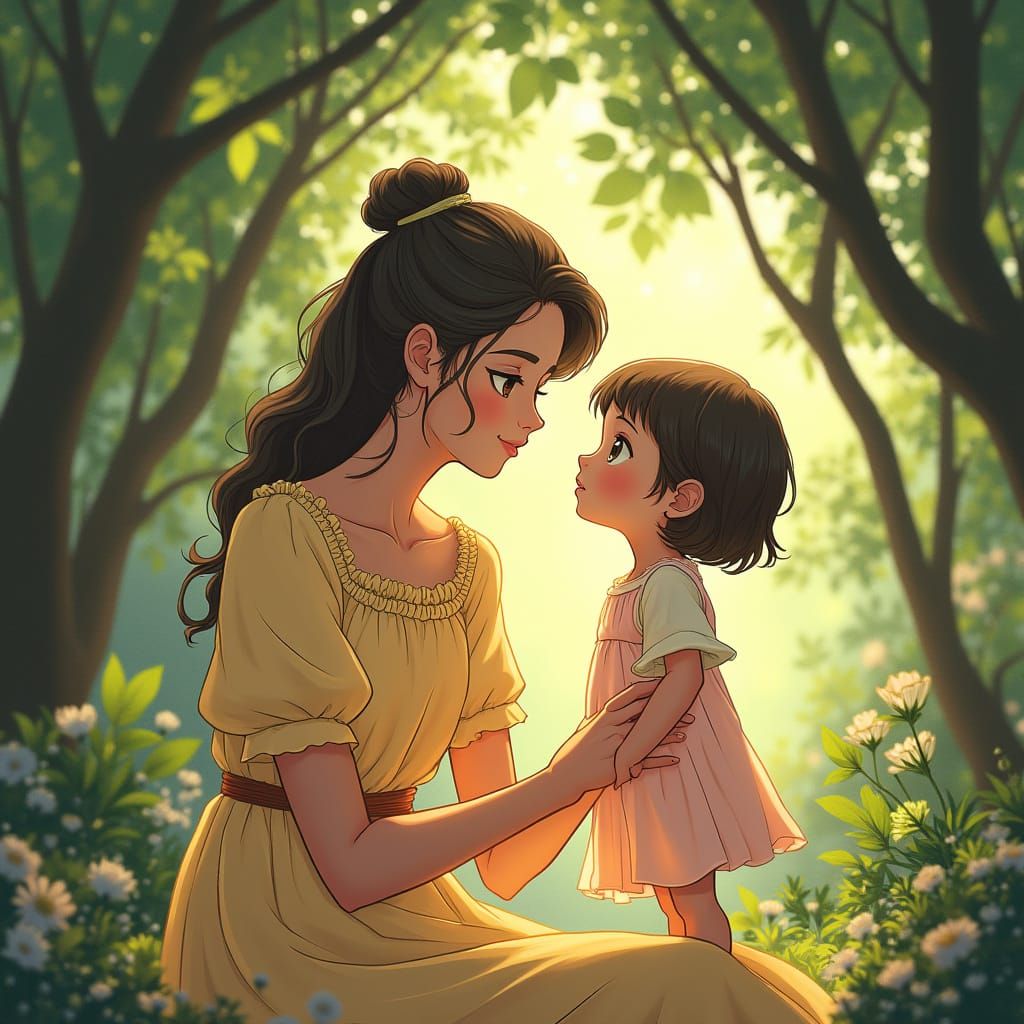 Loving Mother and Daughter in Idyllic Ghibli Setting
