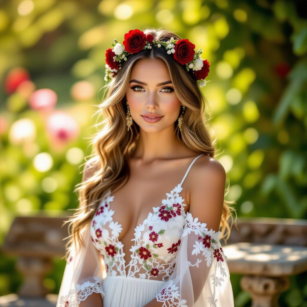 A soft, romantic portrait photograph captures a Latina woman...