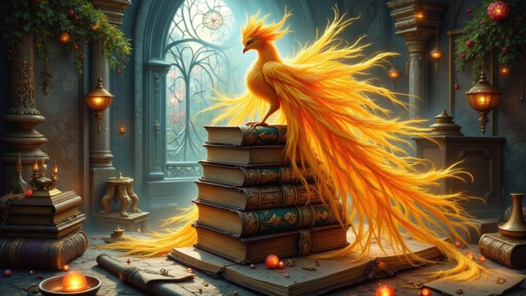 Fiery Phoenix Perched Amidst Ancient Tomes in a Wizard's San...