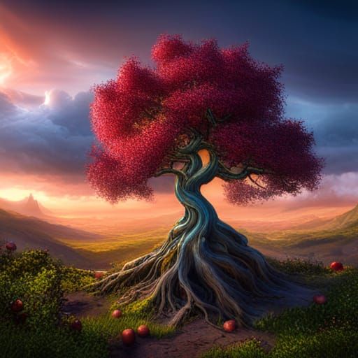 Surreal Apple Tree with Blue and Gold Fruit