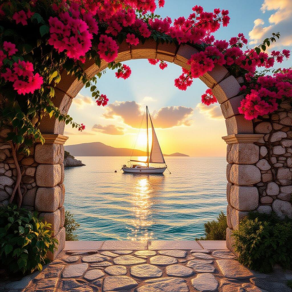 Greek Beach Sunset Through Stone Archway