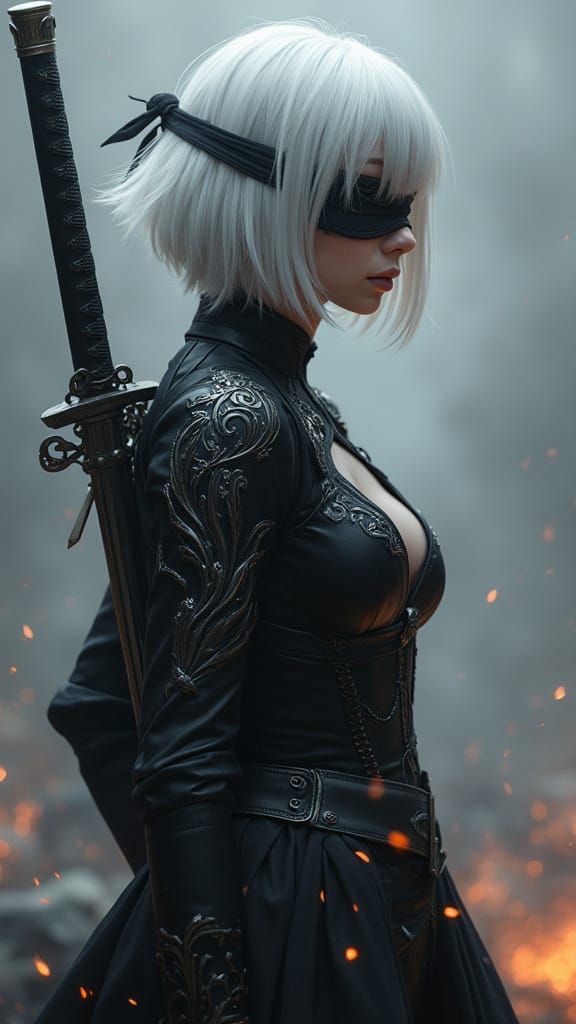 Anime Warrior in Gothic Combat Dress on Battlefield