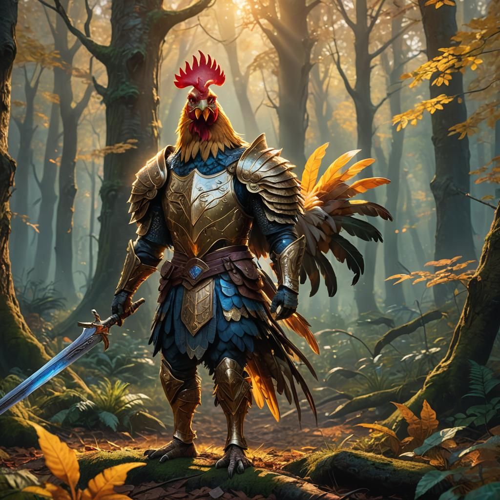 Epic Warrior Chicken in Vibrant Mystic Forest