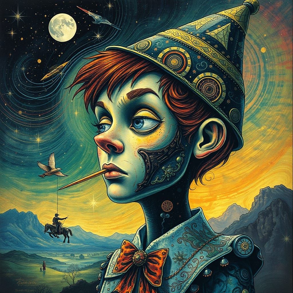 Surreal Pinocchio in Futuristic Chemtrail Wonderland