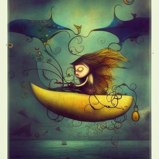 Winged Car Floating on Sea: Digital Art