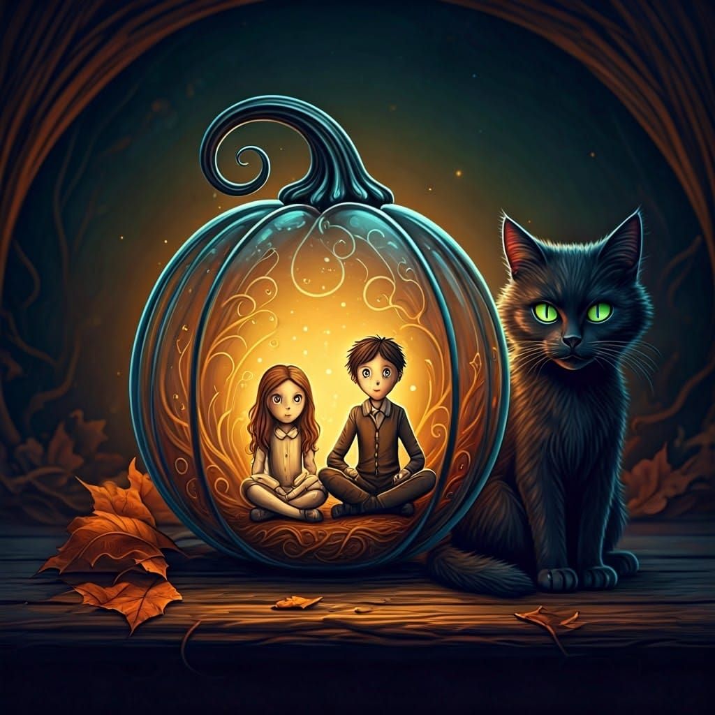 Eerie Glass Pumpkin with Children and Black Cat