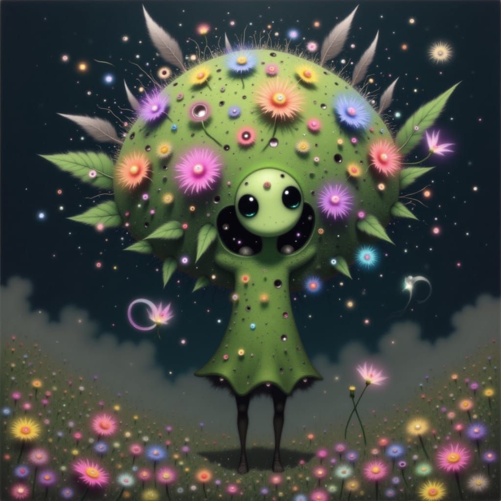 A free-spirited green alien covered with wildflowers. <lora:Whimsical WhimTastic:1.0>