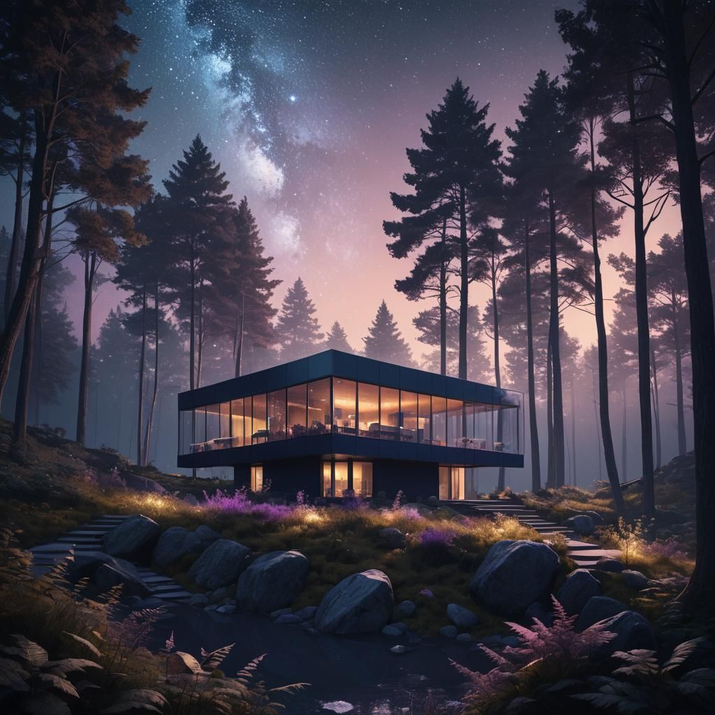 Modern Glass Cottage in Forest: Digital Matte Painting