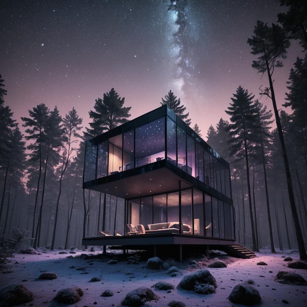 Modernist Glass Cabin Under Starry Sky