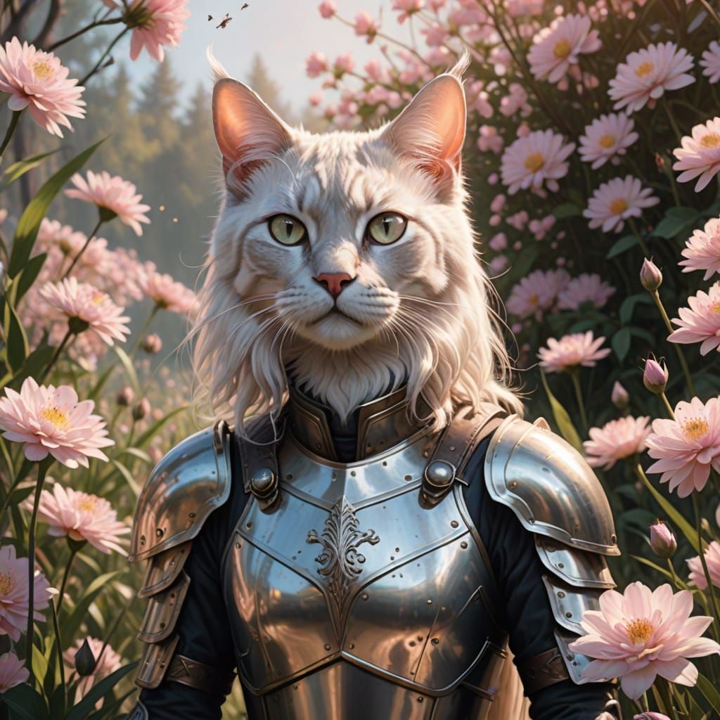 Gentle Knight in Armor Surrounded by Pink Blooms and a Majes...