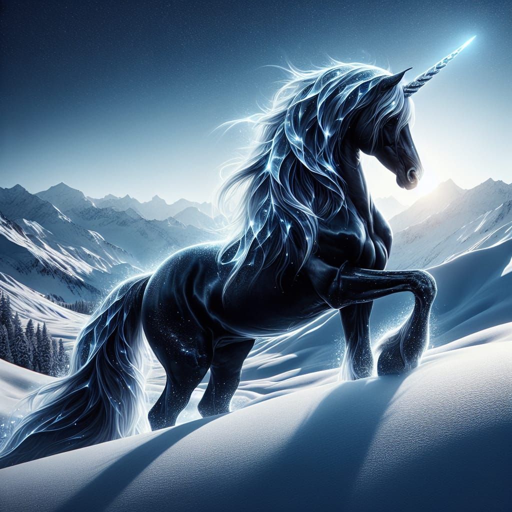 Surreal Black Unicorn Radiates Ethereal Light in Winter Wond...