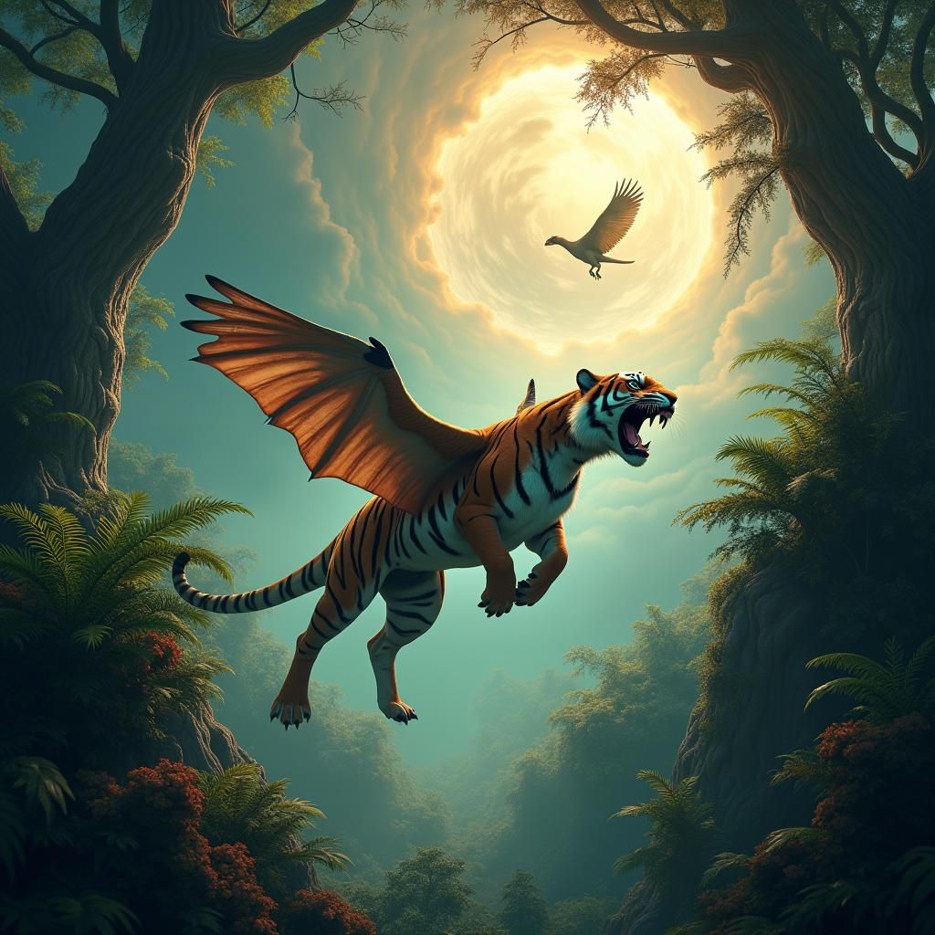 Tiger Pterodactyl Hybrid in Prehistoric Landscape