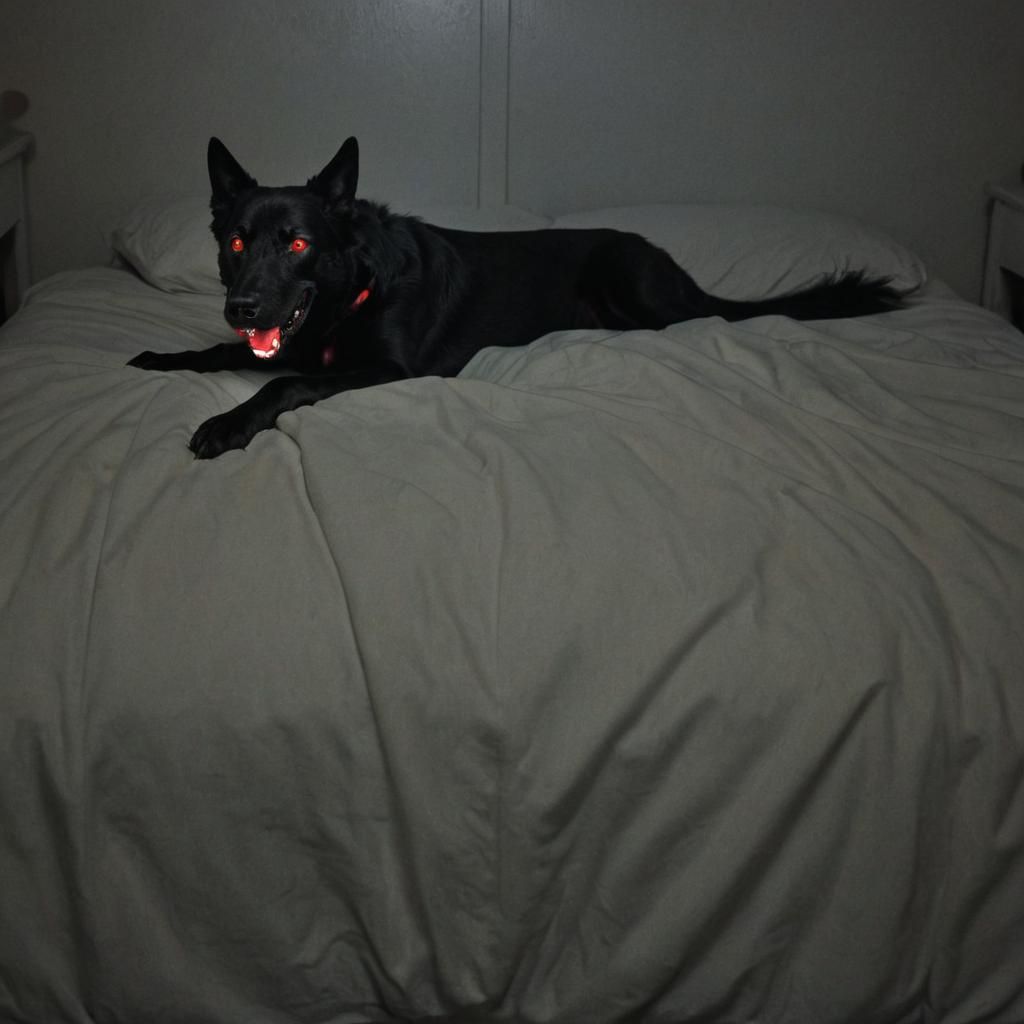 A nightmare Black Dog with glowing red eyes terrorizing a sl...